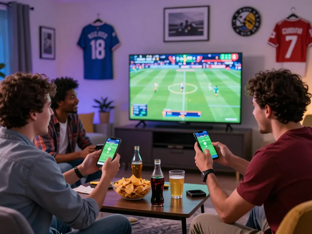 SBOBET app in use during a thrilling sports betting night with friends.