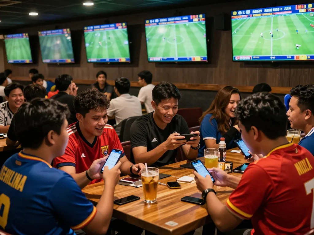Penggemar terlibat dalam taruhan Judi Bola sambil menonton pertandingan sepak bola yang menarik di layar