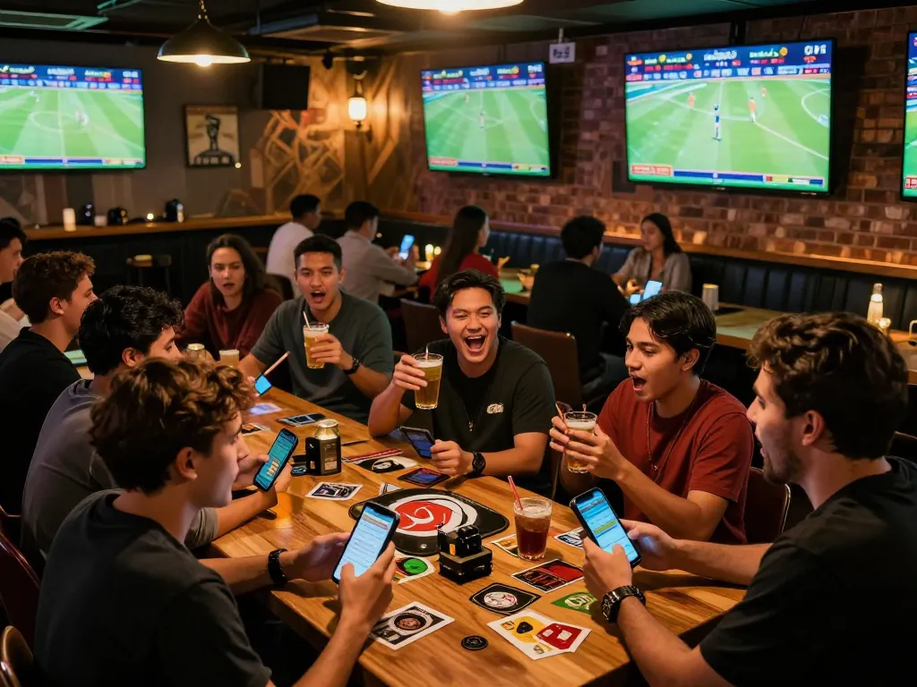 Kelompok antusias bersorak selama taruhan Judi Bola Piala Dunia di bar olahraga yang ramai.
