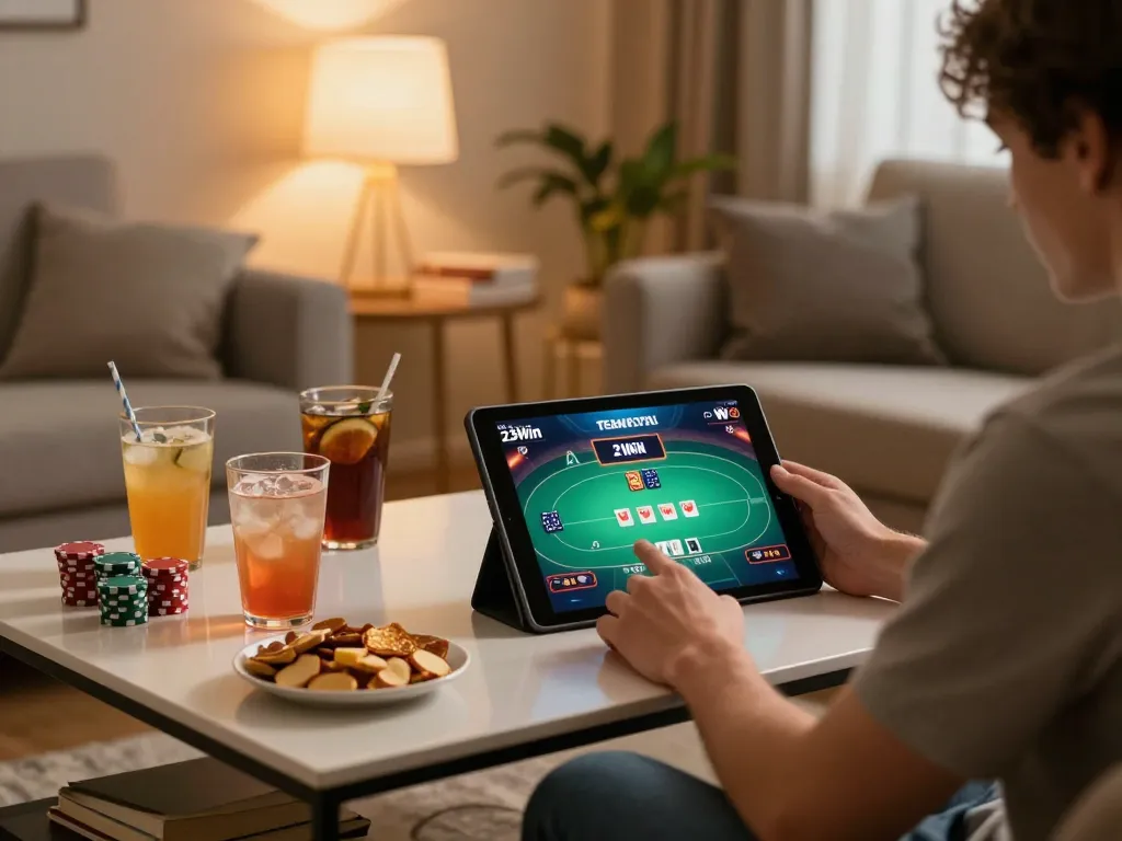 Player enjoying poker on 23Win platform with cozy atmosphere and drinks nearby.