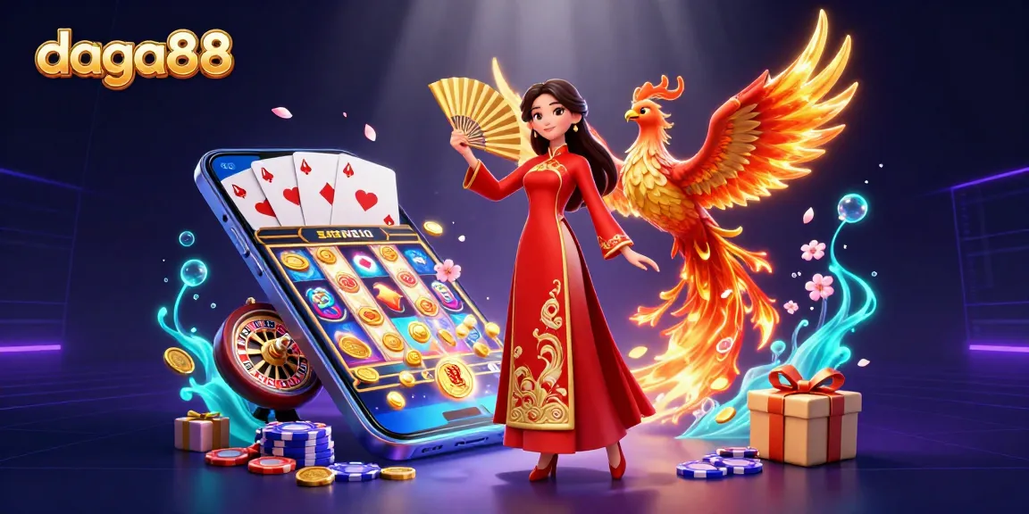 Visualize thrilling gaming at daga88 with a vibrant casino scene featuring a woman and a phoenix.