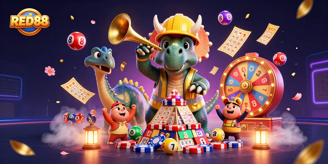 Join the excitement of RED88 with lively cartoon dinosaurs and casino-themed elements in a vibrant scene.