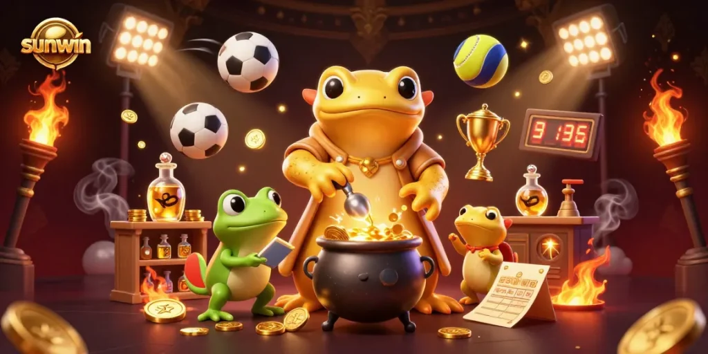 Experience sunwin with a golden salamander alchemist and dynamic sports elements in a vibrant casino scene.
