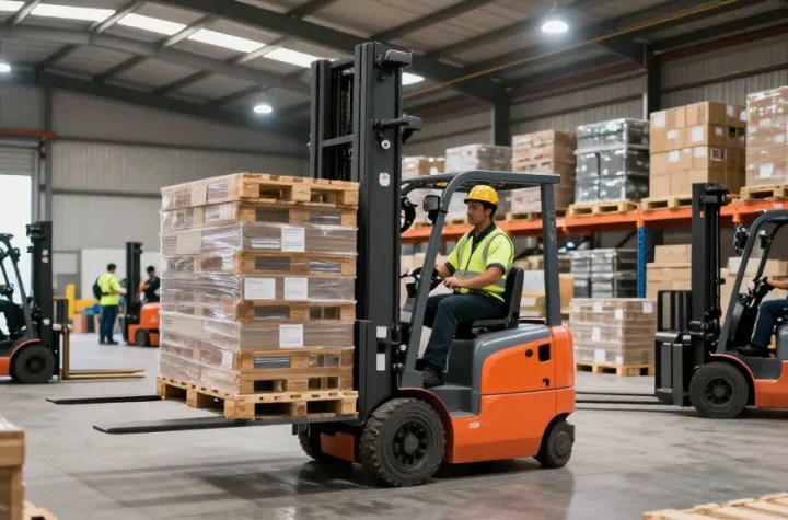 Electric form stacker lifting heavy goods in a modern warehouse, showcasing efficiency and safety.