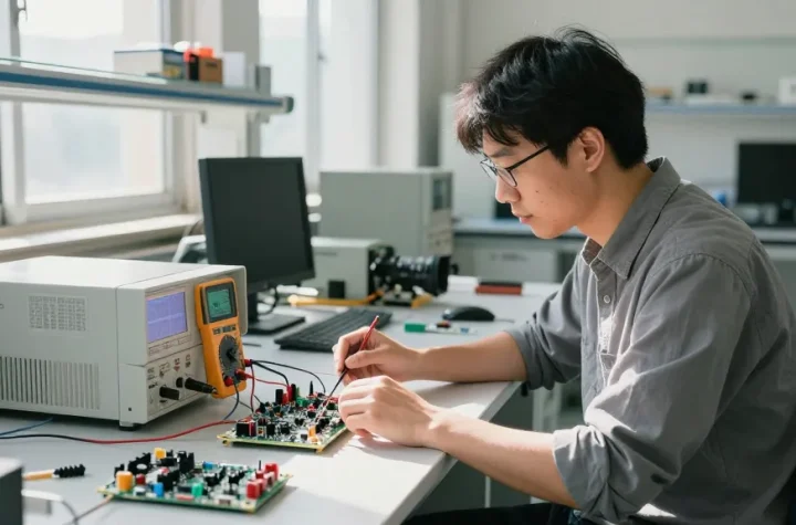 Kiprim DC Power Supply in use by an engineer in a bright electronics lab